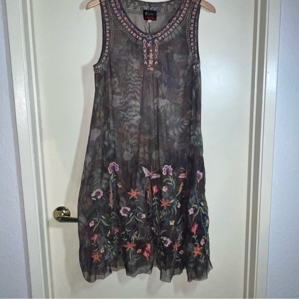 Johnny Was Sheer Biya Embroidered Floral Dress Brown Medium
